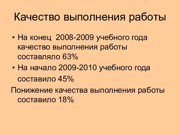 Качество выполнения работы На конец 2008-2009 учебного года качество выполнения работы
