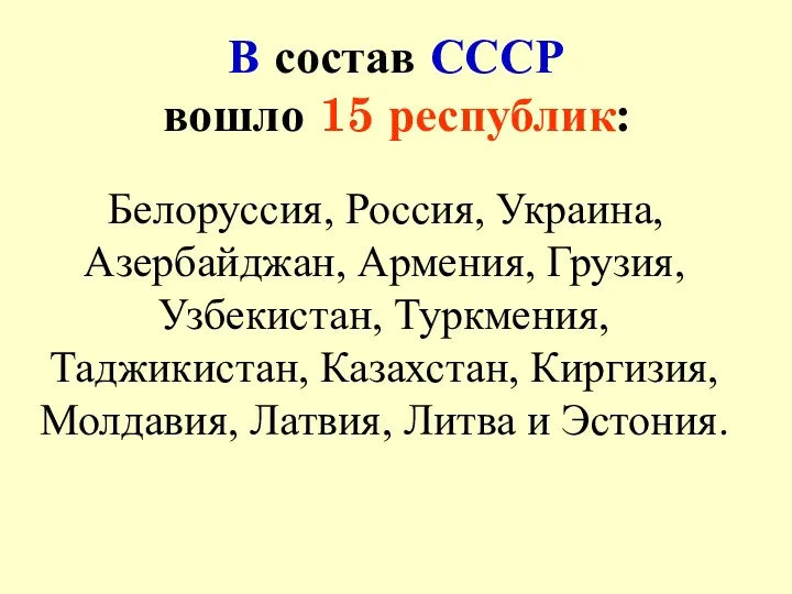 В состав СССР вошло 15 республик: Белоруссия, Россия, Украина, Азербайджан, Армения,