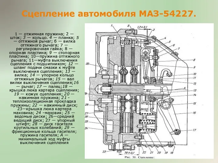 Сцепление автомобиля МАЗ-54227. 1 — отжимная пружина; 2 — шток; 3