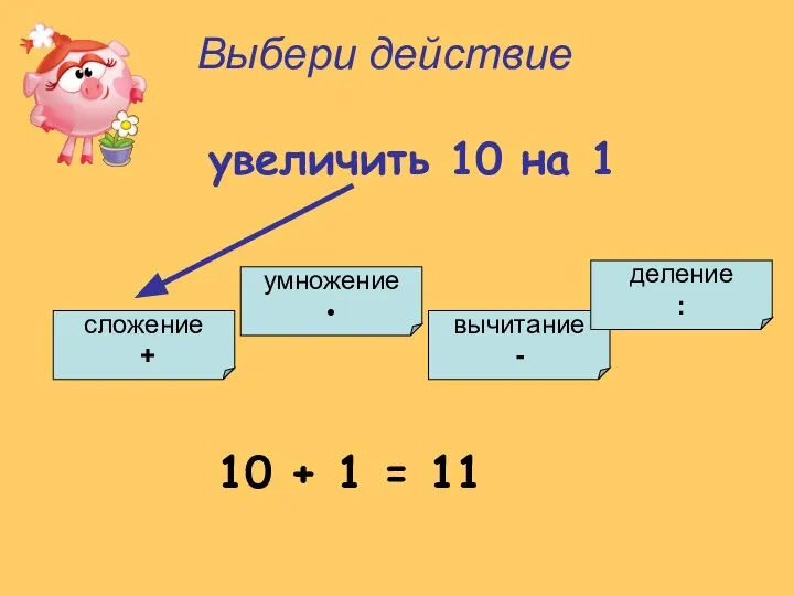 умножение • сложение + вычитание - деление : Выбери действие увеличить