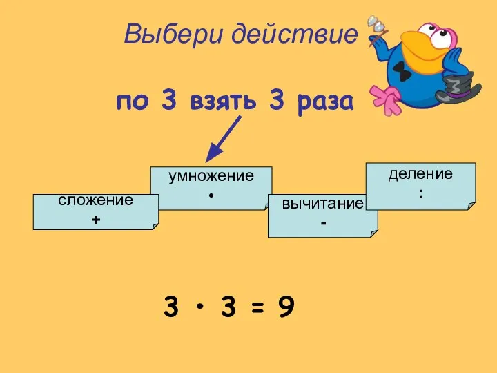 умножение • сложение + вычитание - деление : Выбери действие по