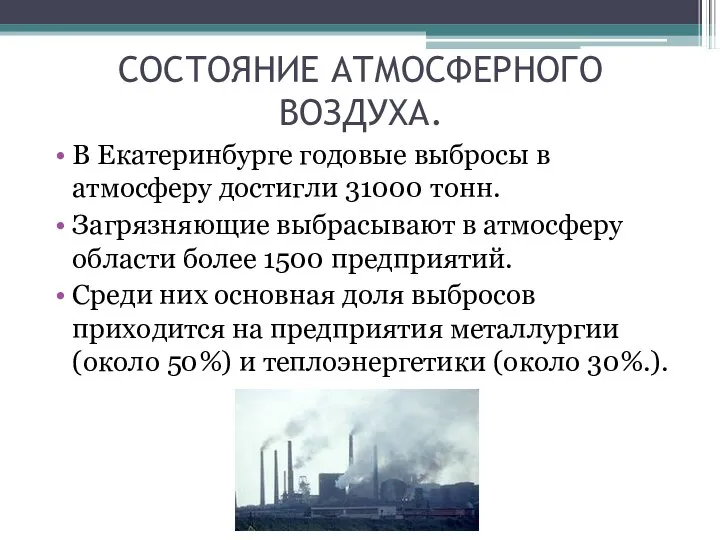СОСТОЯНИЕ АТМОСФЕРНОГО ВОЗДУХА. В Екатеринбурге годовые выбросы в атмосферу достигли 31000