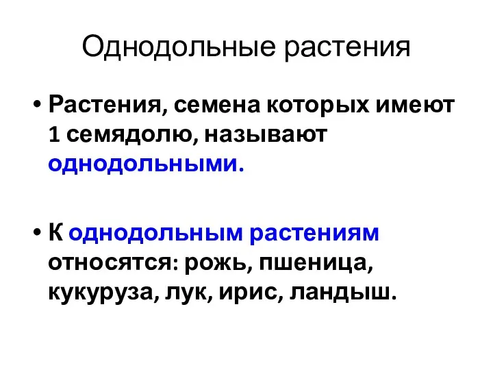 Однодольные растения Растения, семена которых имеют 1 семядолю, называют однодольными. К