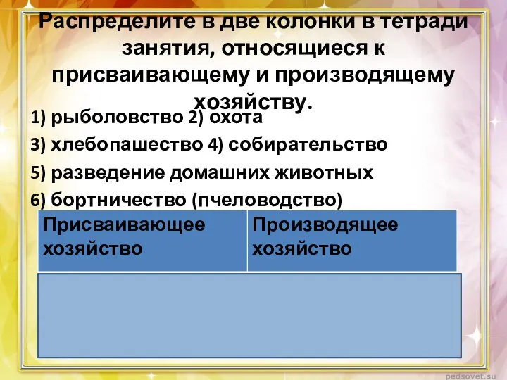 Распределите в две колонки в тетради занятия, относящиеся к присваивающему и