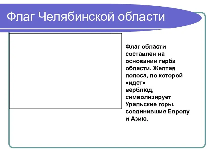 Флаг Челябинской области Флаг области составлен на основании герба области. Желтая