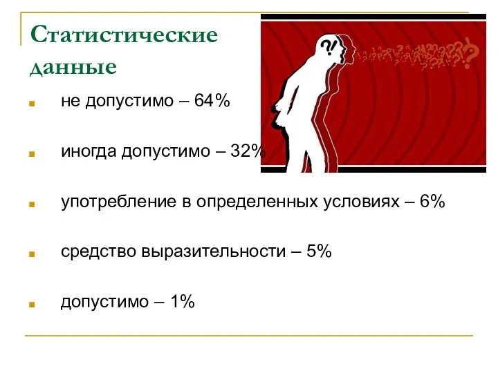 Статистические данные не допустимо – 64% иногда допустимо – 32% употребление