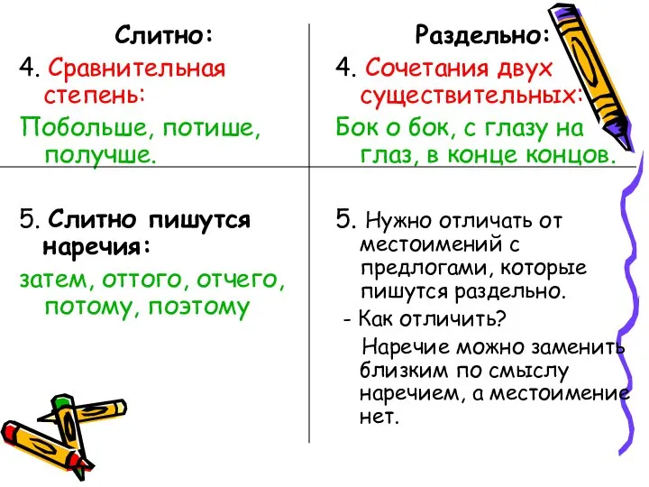 Слитно: 4. Сравнительная степень: Побольше, потише, получше. 5. Слитно пишутся наречия: