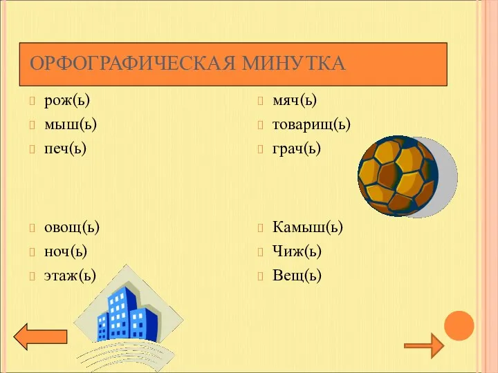 ОРФОГРАФИЧЕСКАЯ МИНУТКА рож(ь) мыш(ь) печ(ь) мяч(ь) товарищ(ь) грач(ь) овощ(ь) ноч(ь) этаж(ь) Камыш(ь) Чиж(ь) Вещ(ь)