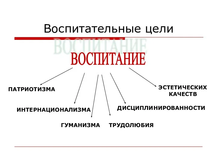 Воспитательные цели ВОСПИТАНИЕ ПАТРИОТИЗМА ИНТЕРНАЦИОНАЛИЗМА ГУМАНИЗМА ТРУДОЛЮБИЯ ДИСЦИПЛИНИРОВАННОСТИ ЭСТЕТИЧЕСКИХ КАЧЕСТВ