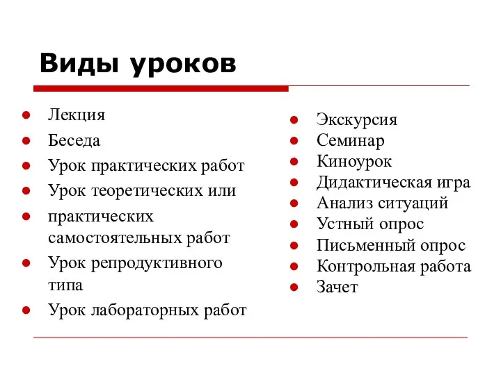 Виды уроков Лекция Беседа Урок практических работ Урок теоретических или практических