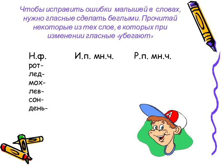 Чтобы исправить ошибки малышей в словах, нужно гласные сделать беглыми. Прочитай