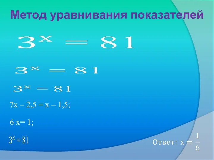 Метод уравнивания показателей 7х – 2,5 = х – 1,5; 6 х= 1;