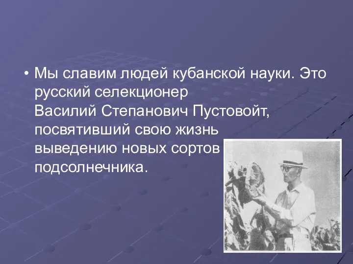 Мы славим людей кубанской науки. Это русский селекционер Василий Степанович Пустовойт,