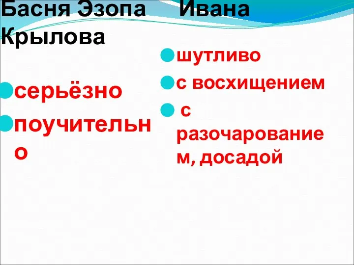 Басня Эзопа Ивана Крылова серьёзно поучительно шутливо с восхищением с разочарованием, досадой