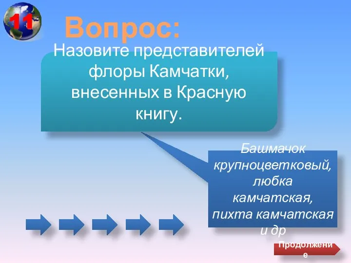 Вопрос: Башмачок крупноцветковый, любка камчатская, пихта камчатская и др Назовите представителей