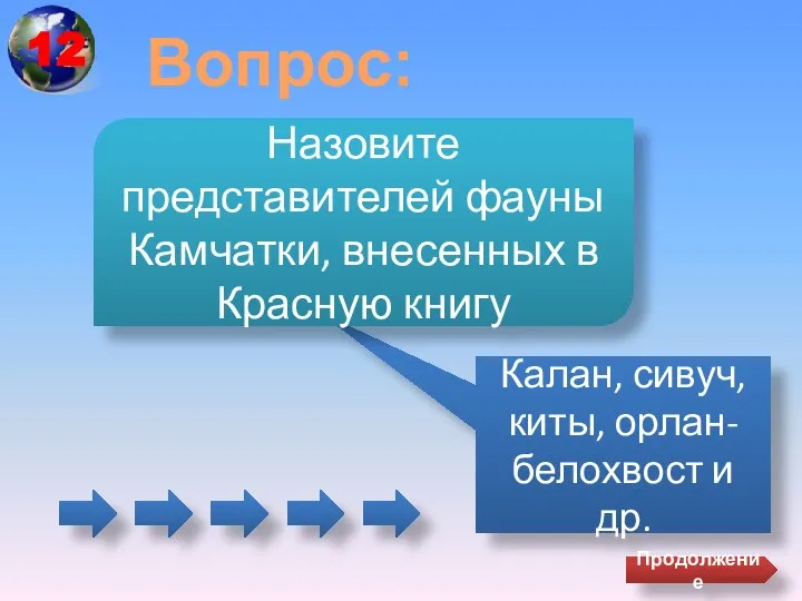 Вопрос: Калан, сивуч, киты, орлан-белохвост и др. Назовите представителей фауны Камчатки, внесенных в Красную книгу Продолжение