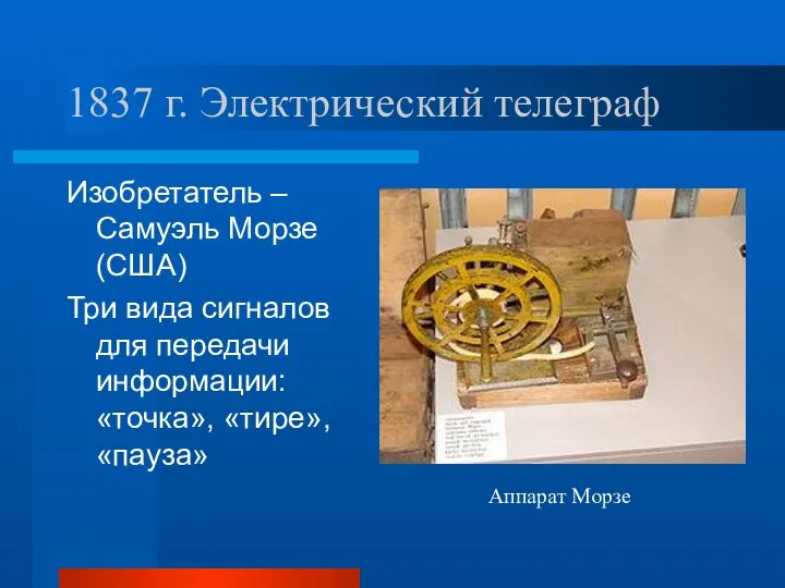 1837 г. Электрический телеграф Изобретатель – Самуэль Морзе (США) Три вида