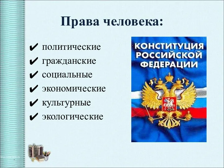 Права человека: политические гражданские социальные экономические культурные экологические *