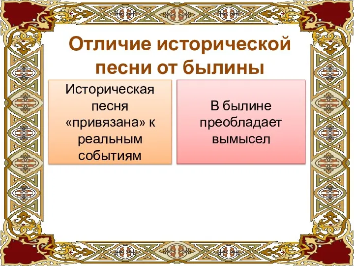 Отличие исторической песни от былины Историческая песня «привязана» к реальным событиям В былине преобладает вымысел