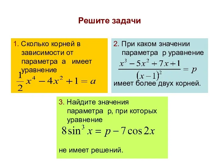 Решите задачи 1. Сколько корней в зависимости от параметра а имеет