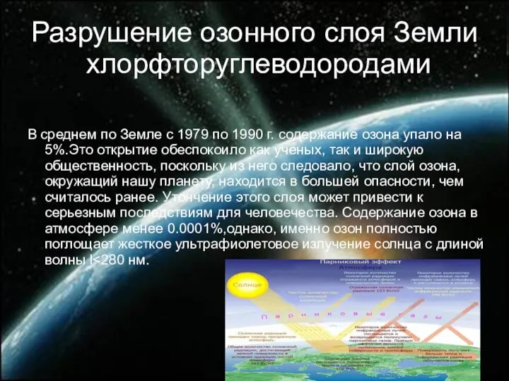 Разрушение озонного слоя Земли хлорфторуглеводородами В среднем по Земле с 1979