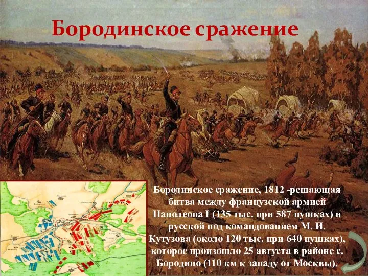 Бородинское сражение Бородинское сражение, 1812 -решающая битва между французской армией Наполеона