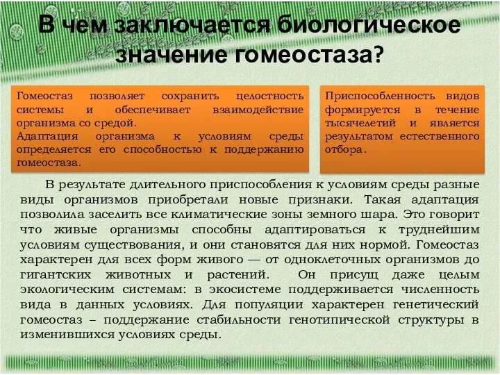 В чем заключается биологическое значение гомеостаза? В результате длительного приспособления к