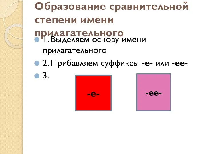 Образование сравнительной степени имени прилагательного 1. Выделяем основу имени прилагательного 2.