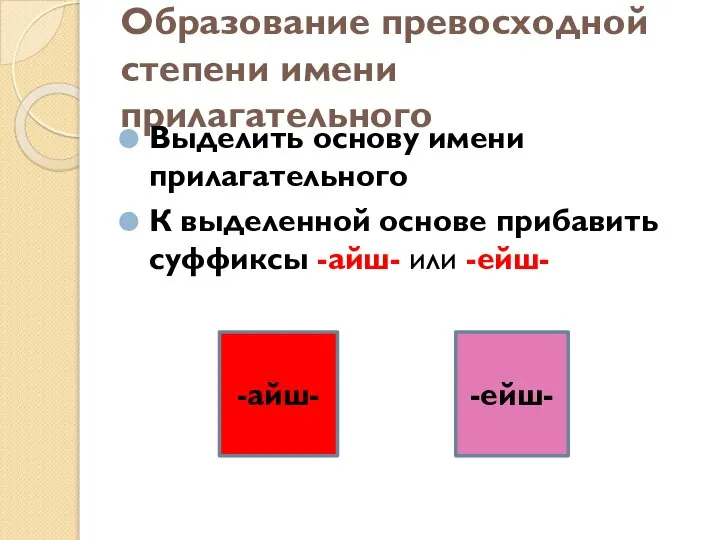 Образование превосходной степени имени прилагательного Выделить основу имени прилагательного К выделенной