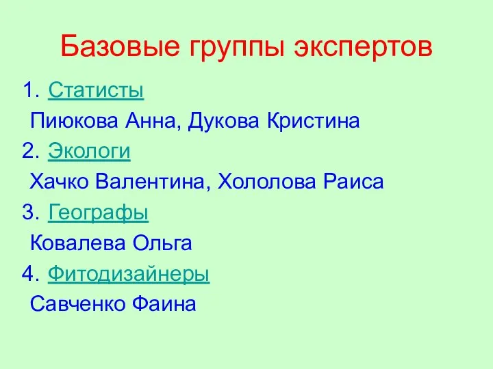 Базовые группы экспертов Статисты Пиюкова Анна, Дукова Кристина Экологи Хачко Валентина,