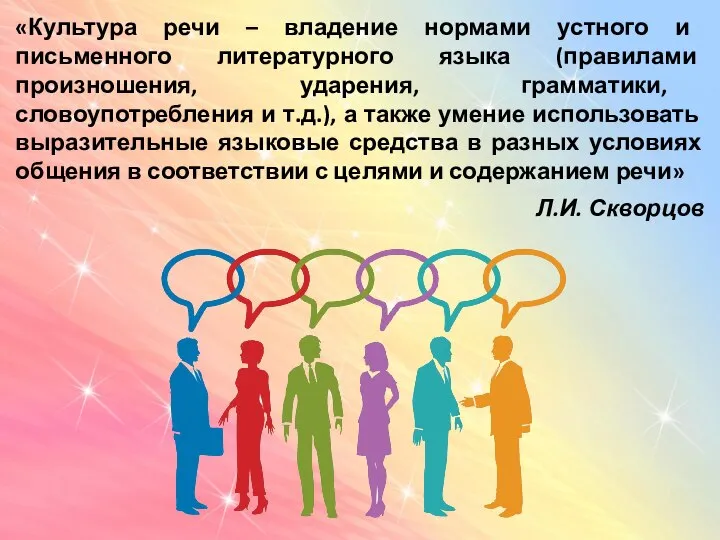 «Культура речи – владение нормами устного и письменного литературного языка (правилами