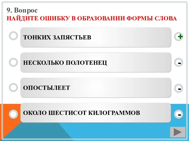 9. Вопрос НАЙДИТЕ ОШИБКУ В ОБРАЗОВАНИИ ФОРМЫ СЛОВА ТОНКИХ ЗАПЯСТЬЕВ НЕСКОЛЬКО