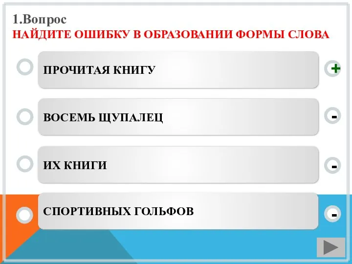 1.Вопрос НАЙДИТЕ ОШИБКУ В ОБРАЗОВАНИИ ФОРМЫ СЛОВА ПРОЧИТАЯ КНИГУ ВОСЕМЬ ЩУПАЛЕЦ