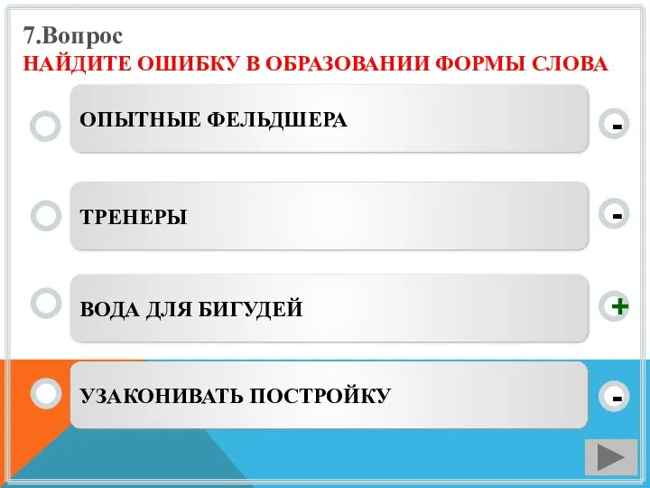 7.Вопрос НАЙДИТЕ ОШИБКУ В ОБРАЗОВАНИИ ФОРМЫ СЛОВА ВОДА ДЛЯ БИГУДЕЙ ТРЕНЕРЫ