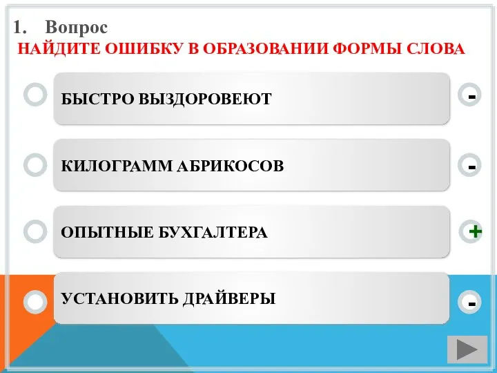 Вопрос НАЙДИТЕ ОШИБКУ В ОБРАЗОВАНИИ ФОРМЫ СЛОВА БЫСТРО ВЫЗДОРОВЕЮТ КИЛОГРАММ АБРИКОСОВ