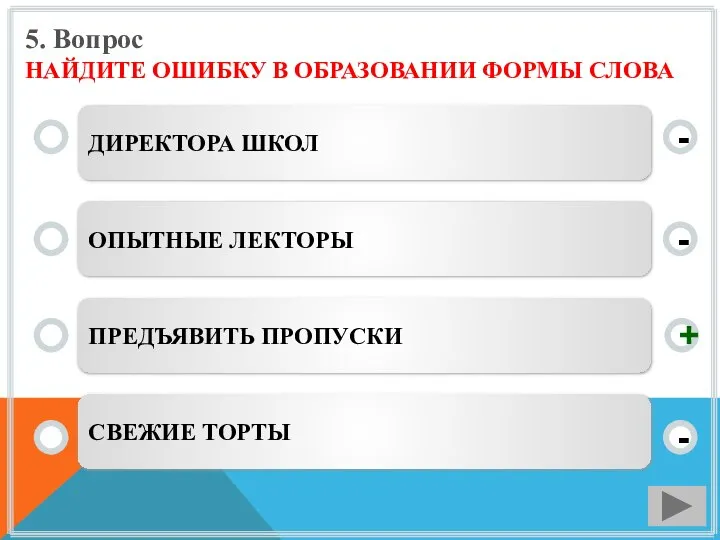 5. Вопрос НАЙДИТЕ ОШИБКУ В ОБРАЗОВАНИИ ФОРМЫ СЛОВА ДИРЕКТОРА ШКОЛ ОПЫТНЫЕ