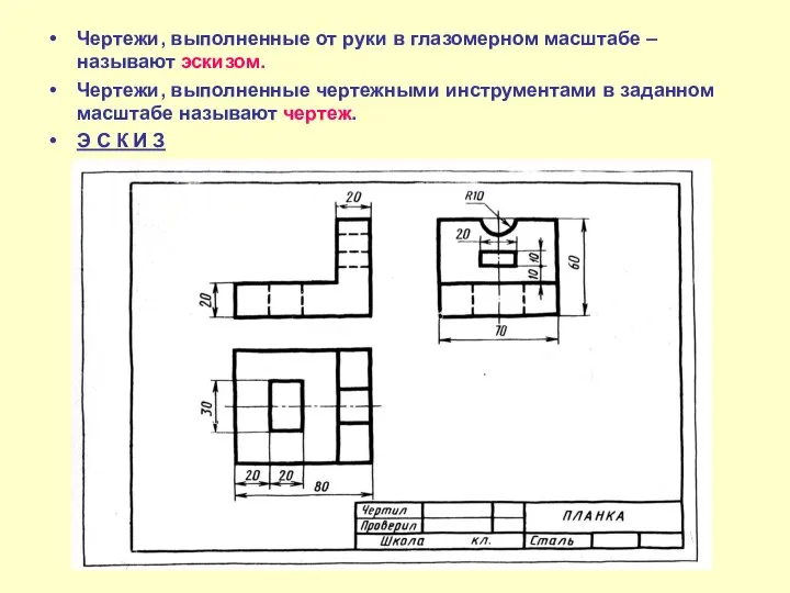 Чертежи, выполненные от руки в глазомерном масштабе – называют эскизом. Чертежи,