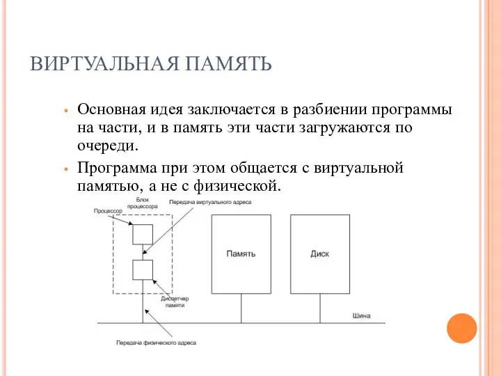 ВИРТУАЛЬНАЯ ПАМЯТЬ Основная идея заключается в разбиении программы на части, и