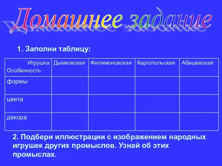 1. Заполни таблицу: 2. Подбери иллюстрации с изображением народных игрушек других