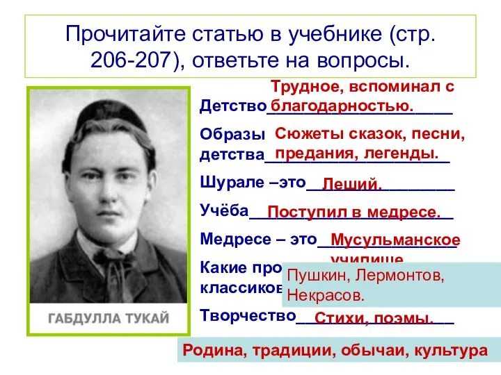 Прочитайте статью в учебнике (стр. 206-207), ответьте на вопросы. Детство____________________ Образы