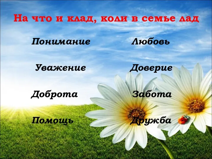 На что и клад, коли в семье лад Понимание Любовь Уважение Доверие Доброта Забота Помощь Дружба