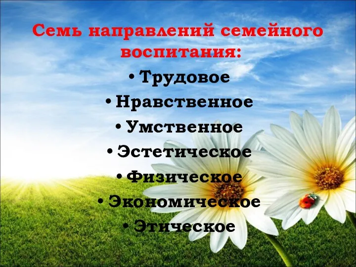 Семь направлений семейного воспитания: Трудовое Нравственное Умственное Эстетическое Физическое Экономическое Этическое