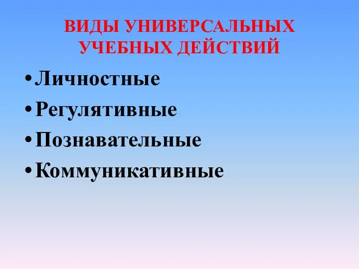 ВИДЫ УНИВЕРСАЛЬНЫХ УЧЕБНЫХ ДЕЙСТВИЙ Личностные Регулятивные Познавательные Коммуникативные