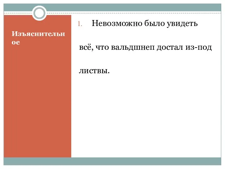 Изъяснительное Невозможно было увидеть всё, что вальдшнеп достал из-под листвы.