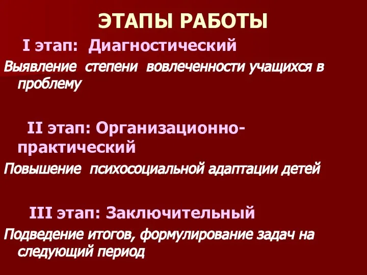 ЭТАПЫ РАБОТЫ I этап: Диагностический Выявление степени вовлеченности учащихся в проблему