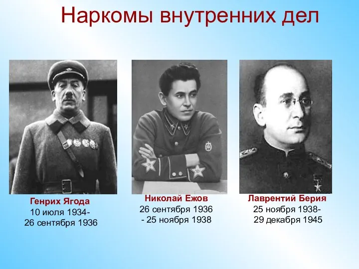 Наркомы внутренних дел Генрих Ягода 10 июля 1934- 26 сентября 1936