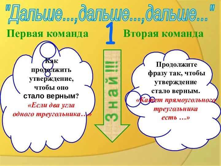 "Дальше...,дальше...,дальше..." Первая команда Вторая команда Как продолжить утверждение, чтобы оно стало