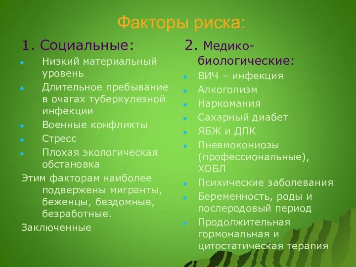 Факторы риска: 1. Социальные: Низкий материальный уровень Длительное пребывание в очагах