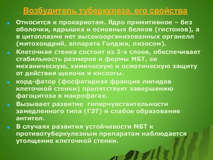 Возбудитель туберкулеза, его свойства Относится к прокариотам. Ядро примитивное – без