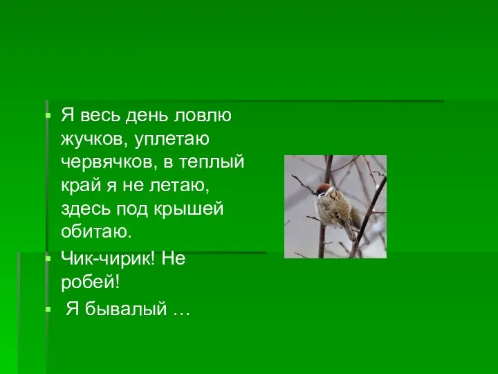 Я весь день ловлю жучков, уплетаю червячков, в теплый край я